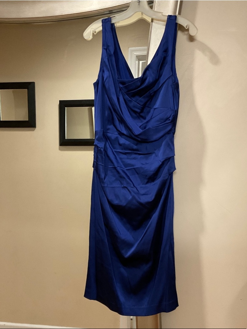 Ivy & Blu Elegant Royal Blue Satin Midi Dress with Draped Cowl Neck